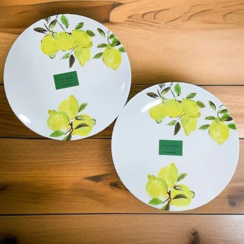 NWT Gorgeous Kate Spade New York Set of 2 White Melamine Lemons 9” Accent plates